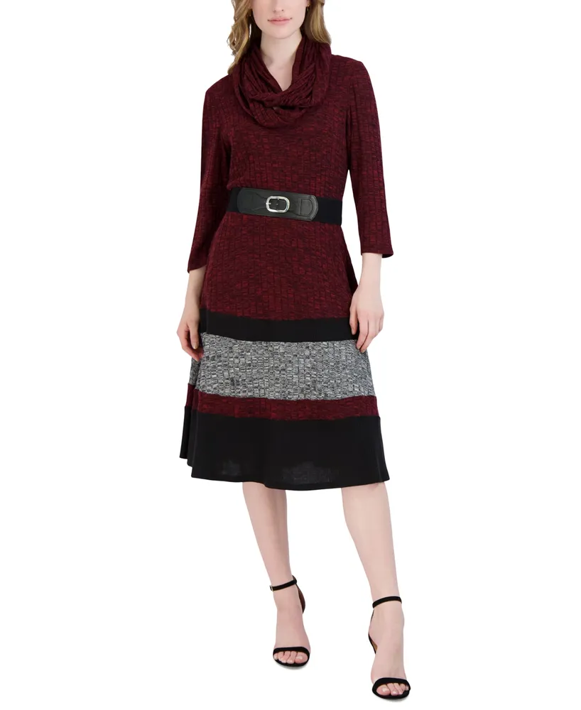 Robbie Bee Women's Rib-Knit Belted Sweater Dress