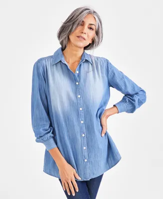 Style & Co Petite Cotton Chambray Long-Sleeve Boyfriend Tunic, Created for Macy's