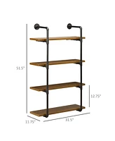 Homcom 4-Tier Industrial Pipe Shelves Floating Wall Mounted Bookshelf, Metal Frame Display Rack, 1.25" Thickness Shelving Unit for Farmhouse, Kitchen,