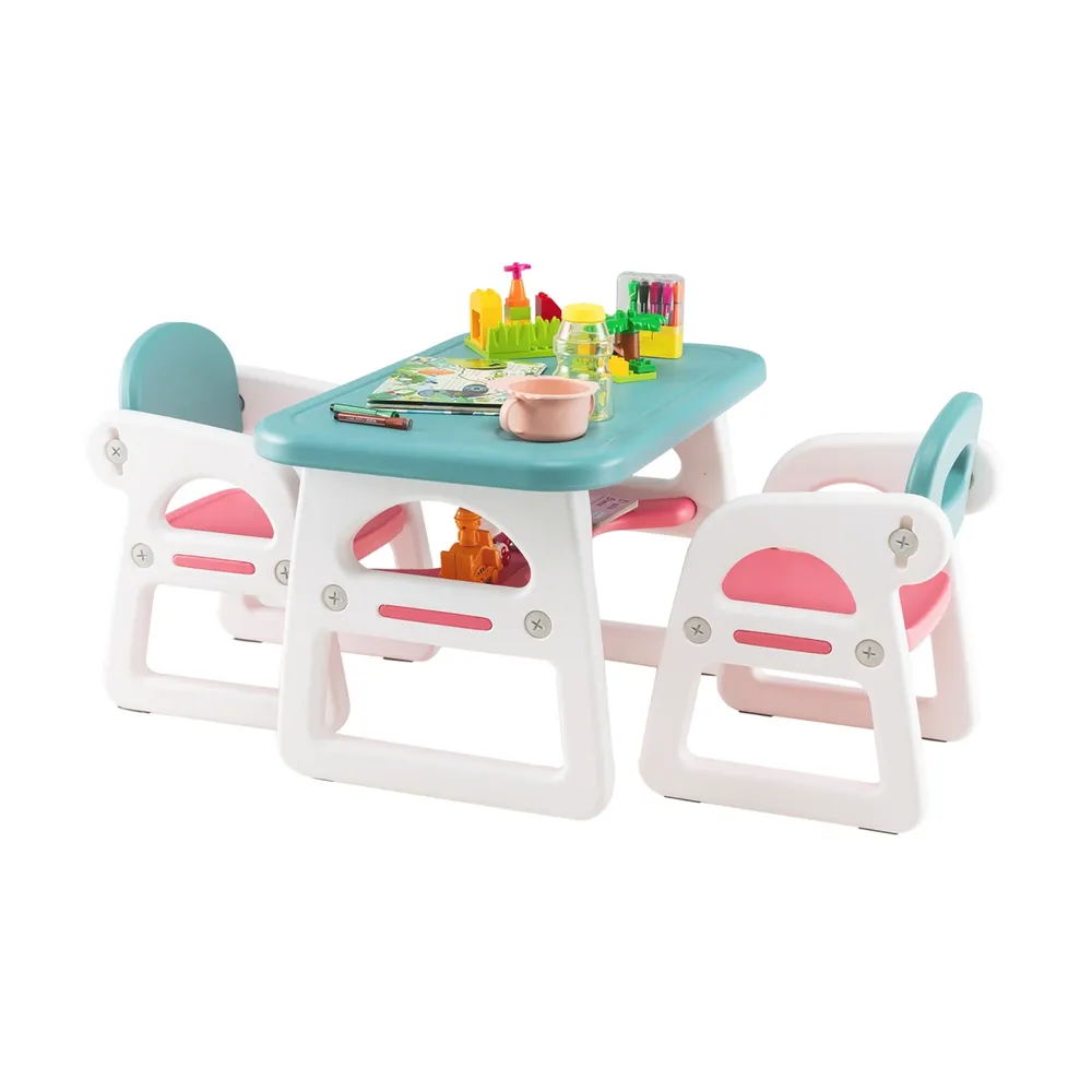 Costway 3-Piece Kids Table and Chair Set Toddler Activity Study Desk with Building Blocks