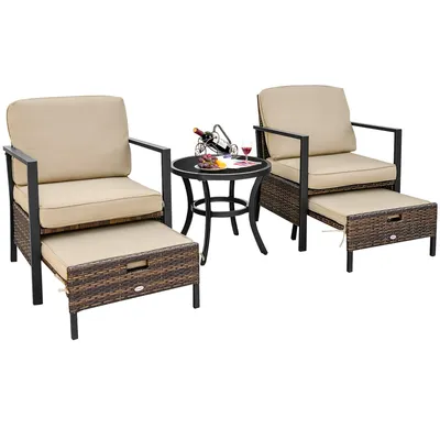 5PCS Patio Wicker Conversation Set Space Saving Cushions Chairs with Ottomans Table