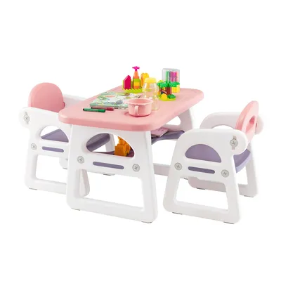 3-Piece Kids Table and Chair Set Toddler Activity Study Desk with Building Blocks
