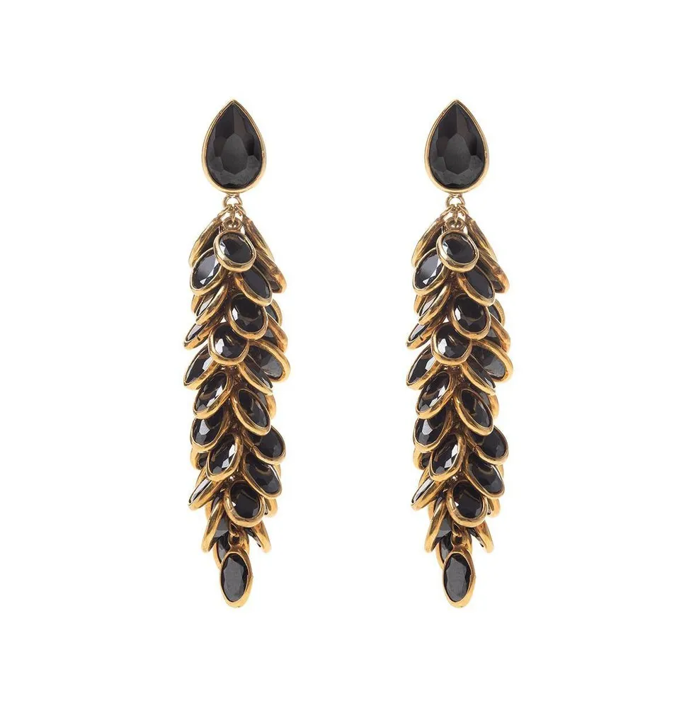 Gold And Black Crystal Long Drop Earrings