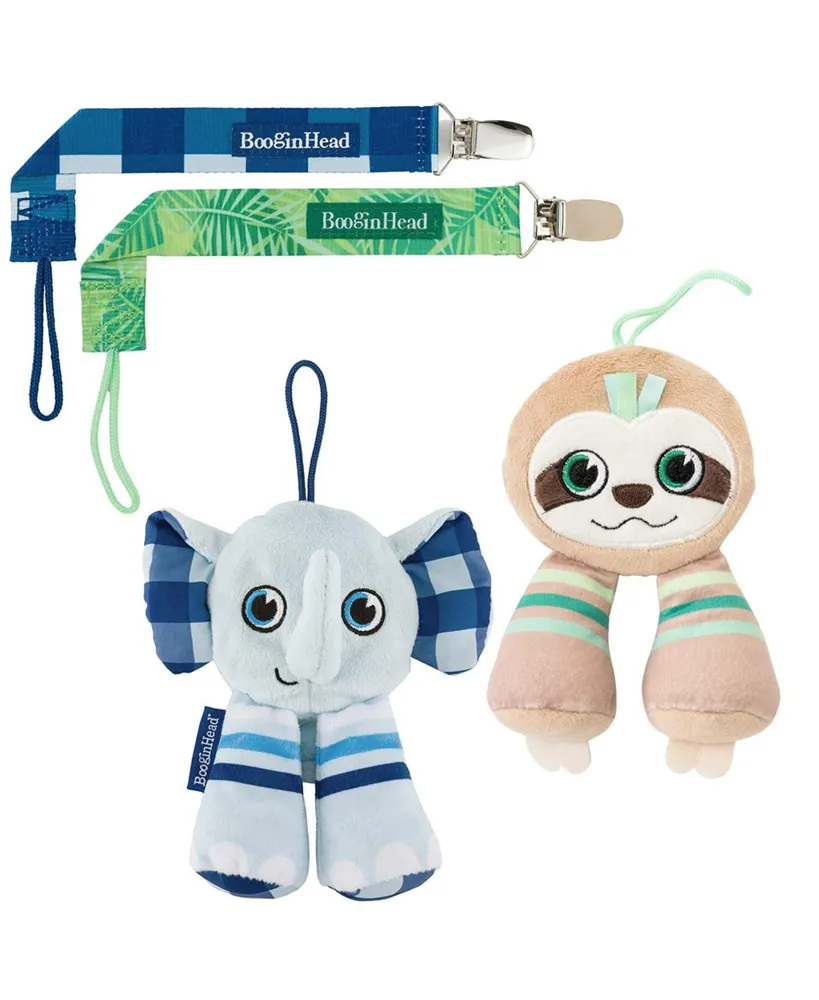 Pacifier Holder Stuffed Animal and Baby Pacifier Clip, 2-Pack Elephants & Sloth - Assorted Pre