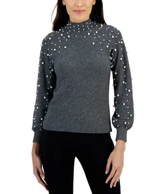 Jpr Studio Women's Imitation Pearl Mock-Neck Blouson-Sleeve Sweater