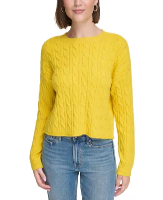 Calvin Klein Jeans Women's Lightweight Cable Knit Cropped Long Sleeve Crewneck Sweater