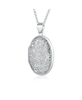 Bling Jewelry Embossed Sunflower Photo Oval Lockets For Women That Hold Pictures .925 Sterling Silver Locket Necklace