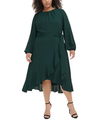 Jessica Howard Plus Size Pleated Ruffled Faux-Wrap Dress