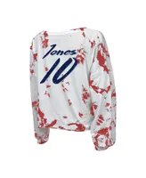 Women's Majestic Threads Mac Jones White New England Patriots Off-Shoulder Tie-Dye Name and Number Cropped Long Sleeve V-Neck T-shirt