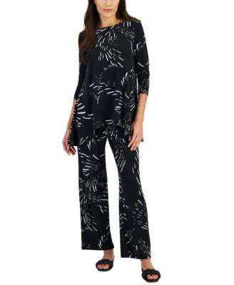 Jm Collection Womens Printed 3 4 Sleeve Swing Top Wide Leg Pull On Pants Created For Macys