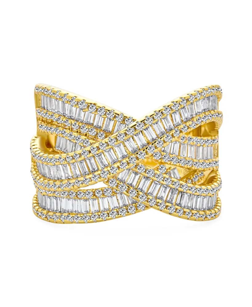 Bling Jewelry Pave Cz Crossover Criss Cross Costume Faux Stacking Wide Statement Cocktail 4 Row Baguette Multi Band Ring For Women 14KGold Plated