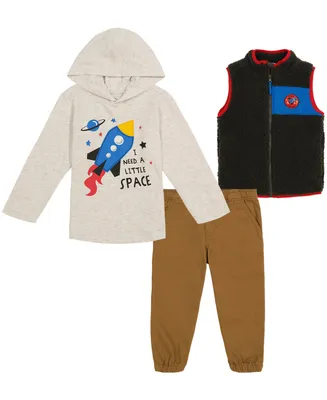 Kids Headquarters Little Boys Hooded T-shirt, Contrast Trim Berber Vest and Twill Joggers, 3 Piece Set