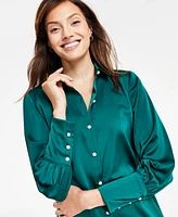 CeCe Women's Luxe Satin Imitation Pearl Button Down Blouse