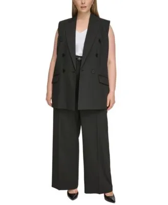 Calvin Klein Plus Size Pinstriped Double Breasted Vest Pinstriped Belted Wide Leg Pants