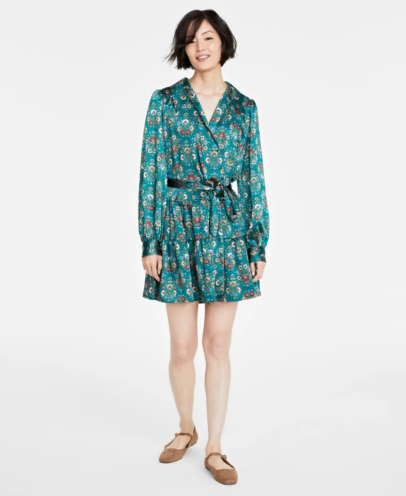 On 34th Women's Floral-Print Satin Collared Wrap Dress, Created for Macy's