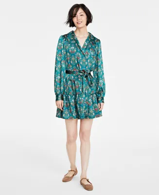 On 34th Women's Floral-Print Satin Collared Wrap Dress, Created for Macy's