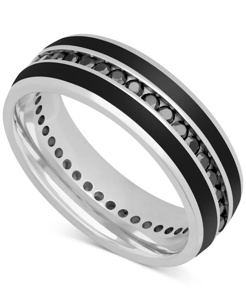 Men's Black Sapphire (1-1/3 ct. t.w.) & Ceramic Stripe Band Sterling Silver (Also Lab-Created White Sapphire)