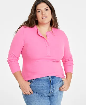 On 34th Plus Ribbed Long-Sleeve Henley Top, Created for Macy's