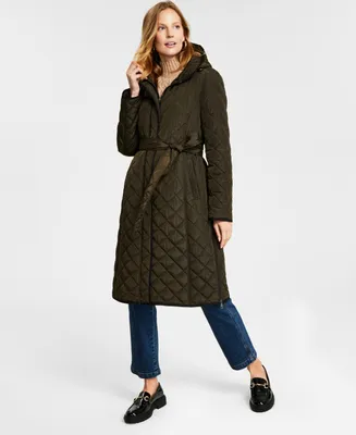 Dkny Women's Hooded Belted Quilted Coat
