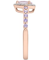 Morganite (1/3 ct. t.w.), Rose de France Amethyst (1/3 ct. t.w.) & Diamond Halo Ring in 14k Rose Gold - Multi