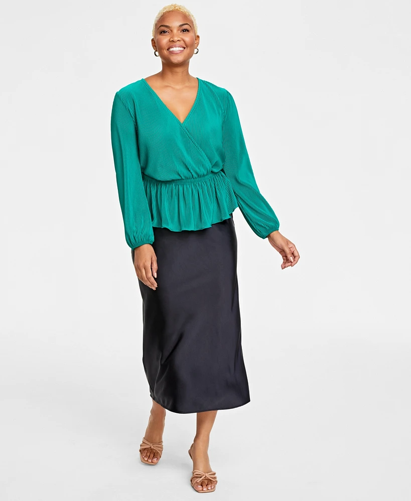 On 34th Women's Plisse Surplice-Neck Peplum Top, Created for Macy's