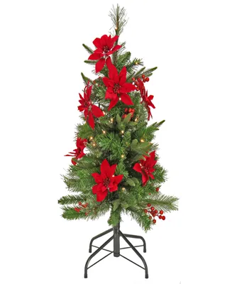 National Tree Company 3' Feel Real Colonial Pencil Slim Hinged Tree with Poinsettias, Berries 50 Clear Lights