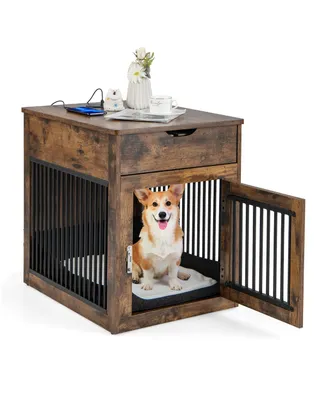 Costway 2-In-1 Furniture Dog Crate with Drawer Wired & Wireless Charging Side End Table