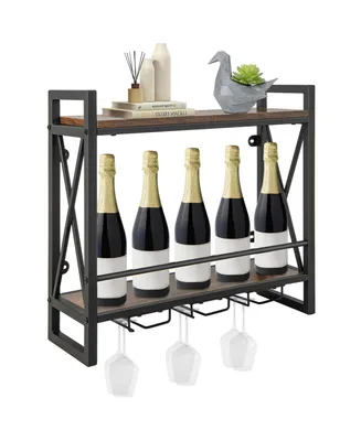 Wall Mounted Wine Rack Industrial 2-Tier Wood Shelf with 3 Stem Glass Holders