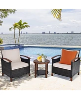 Costway 3PCS Patio Wicker Sofa Set Acacia Wood Frame