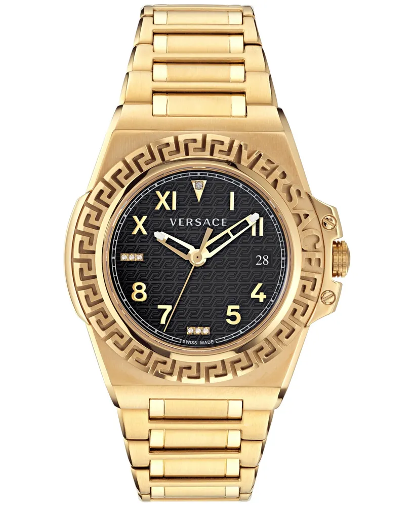 Versace Men's Swiss Greca Reaction Diamond Accent Gold Ion Plated Stainless Steel Bracelet Watch 44mm