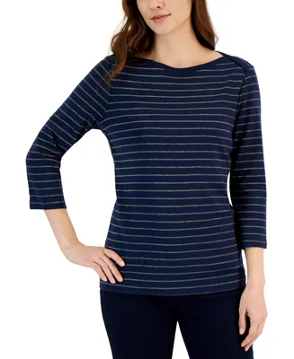 Style & Co Petite Stripe 3/4-Sleeve Top, Created for Macy's