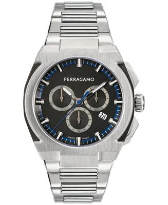 Salvatore Ferragamo Men's Edge Swiss Chronograph Silver-Tone Stainless Steel Bracelet Watch 43mm