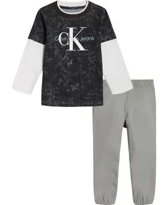 Calvin Klein Little Boys Long Sleeve Printed Twofer Logo T-shirt and Twill Joggers, 2 Piece Set