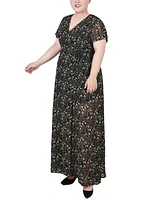 Ny Collection Plus Size Short Sleeve Tie Closure Wrap Chiffon Maxi Dress