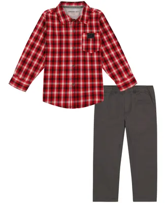 Calvin Klein Baby Boys Plaid Long Sleeve Button Front Shirt and Prewashed Twill Pants, 2 Piece Set