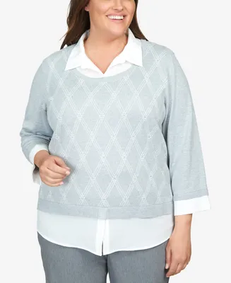 Alfred Dunner Plus Size Point of View Diamond Button Up Two in One Sweater