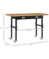 Homcom 59" Mobile Workbench Bamboo Top Adjustable Height Work Table W/ Drawer