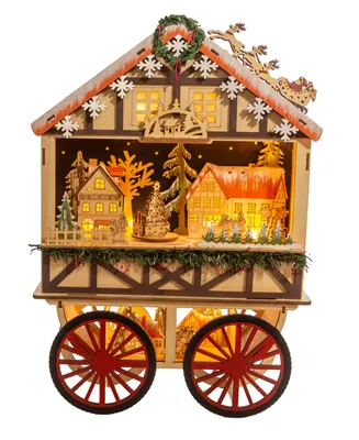 Kurt Adler 18.9" Battery-Operated Light Up Musical Wood Wagon with Santa and Christmas Village Scene