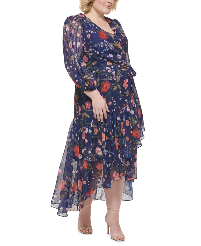 Eliza J Plus Size V-Neck 3/4-Sleeve High-Low Dress