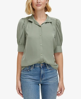 Calvin Klein Jeans Women's Stand-Collar Charmeuse Puff-Sleeve Shirt