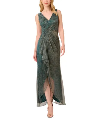Adrianna Papell Women's Metallic Ruffled Sleeveless Faux-Wrap Gown