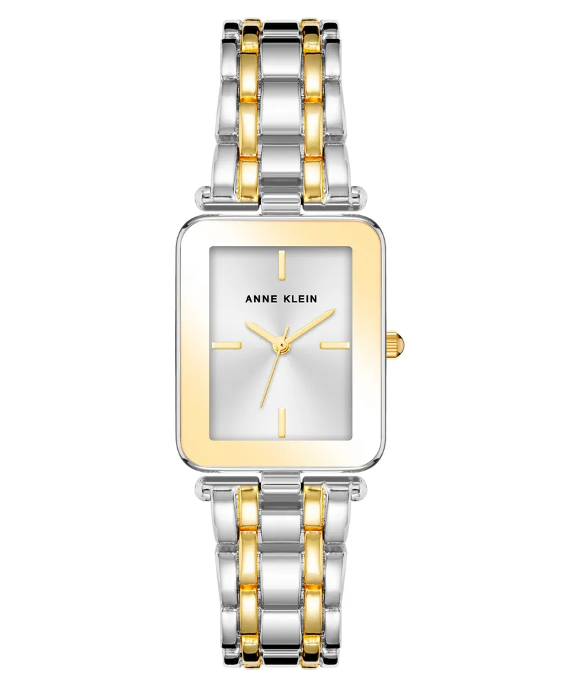 Anne Klein Women's Three Hand Quartz Two-tone Alloy Rectangular Bracelet Watch, 22mm - Silver-Tone-Gold