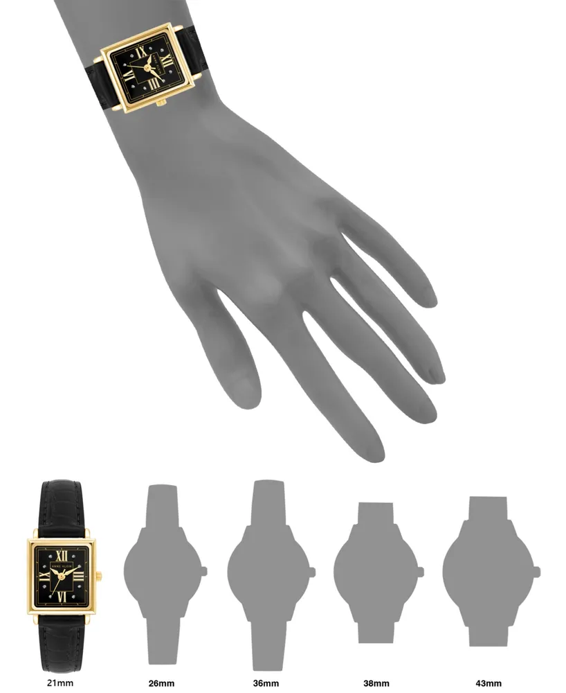 Anne Klein Women's Three Hand Quartz Square Black Polyurethane Faux Leather Band Watch, 21mm - Black-Gold