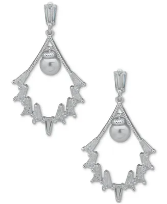 Anne Klein Silver-Tone Imitation Pearl & Crystal Baguette Chandelier Drop Earrings