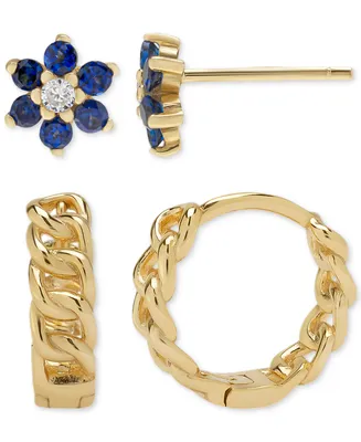 2-Pc. Set Lab-Grown Blue Spinel (3/4 ct. t.w.) & Lab-Grown White Sapphire (1/10 ct. t.w.) Flower Stud & Rope Hoop Earrings in 14k Gold-Plated Sterling