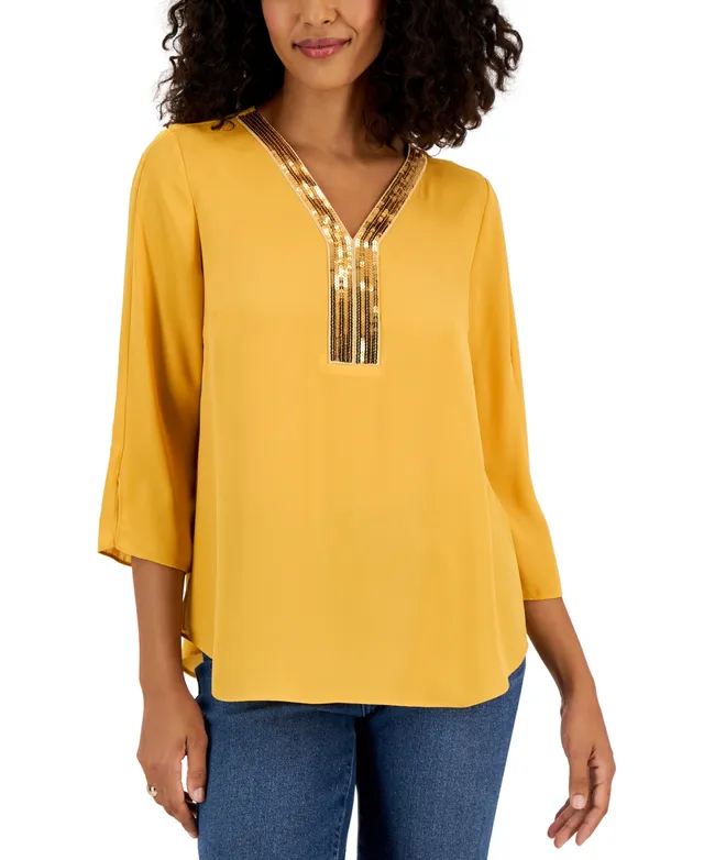 Jm Collection Petite Sequined-Trimmed Y-Neck 3/4-Sleeve Top, Created for  Macy's