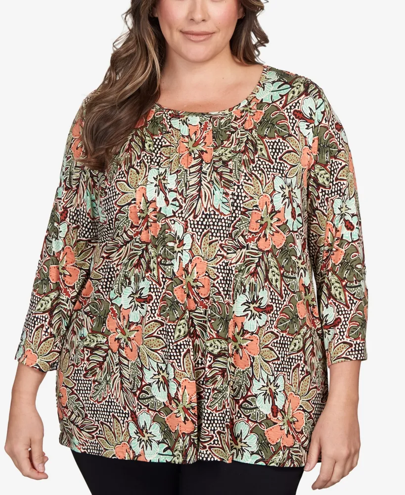 Ruby Rd. Plus Size Flowy Stretch Hibiscus Palms Tunic Top