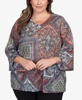 Ruby Rd. Plus Size Burnout Sublimation Patchwork Print Top