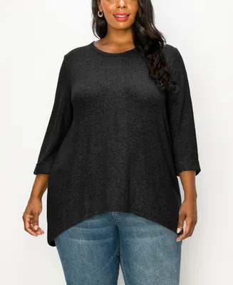 Coin 1804 Plus Size Cozy 3/4 Rolled Sleeve Button Back Top