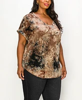 Coin 1804 Plus Tie Dye V-neck Rolled Short Sleeve Top